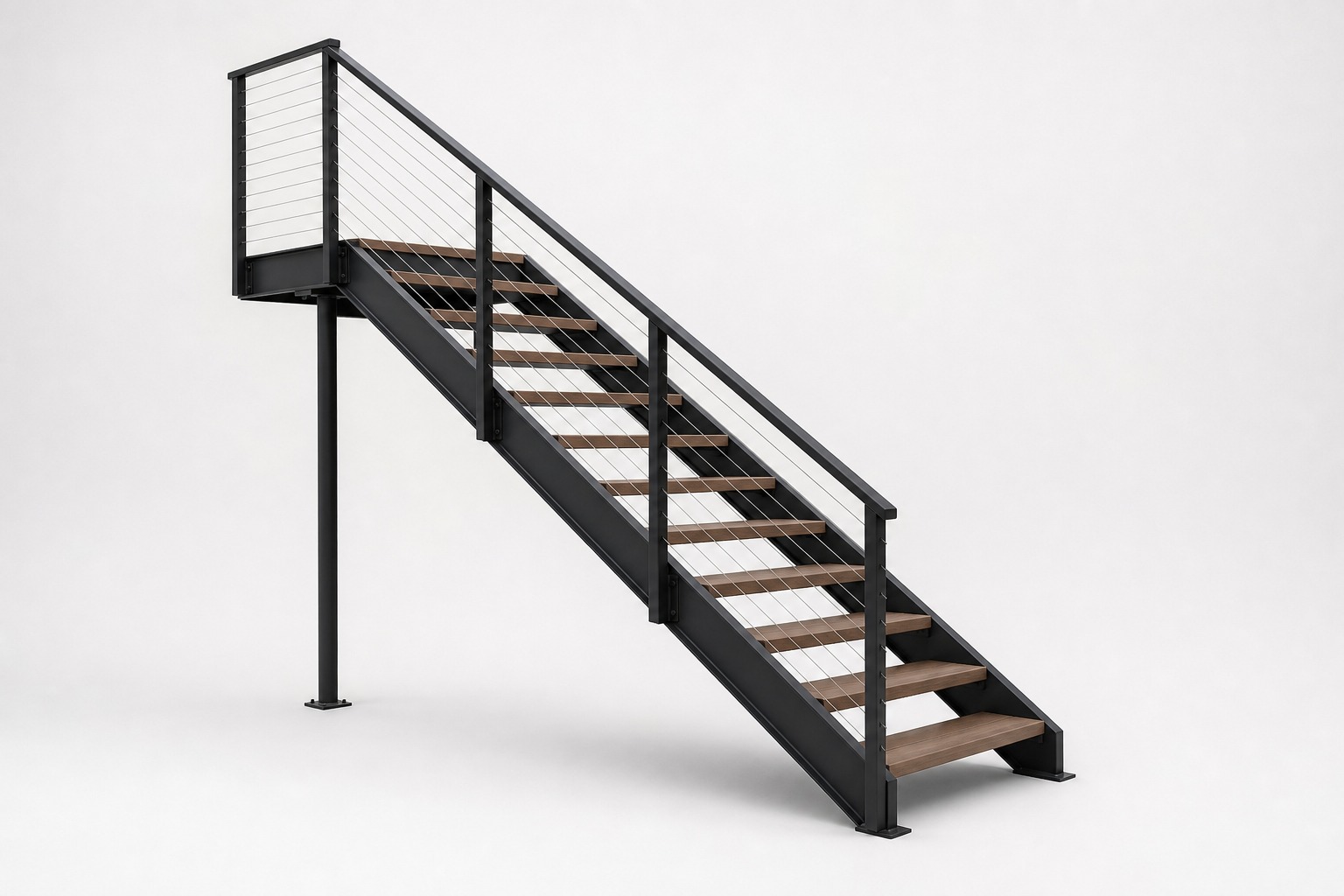Straight staircase with wood treads, black metal stringers, and cable railing.